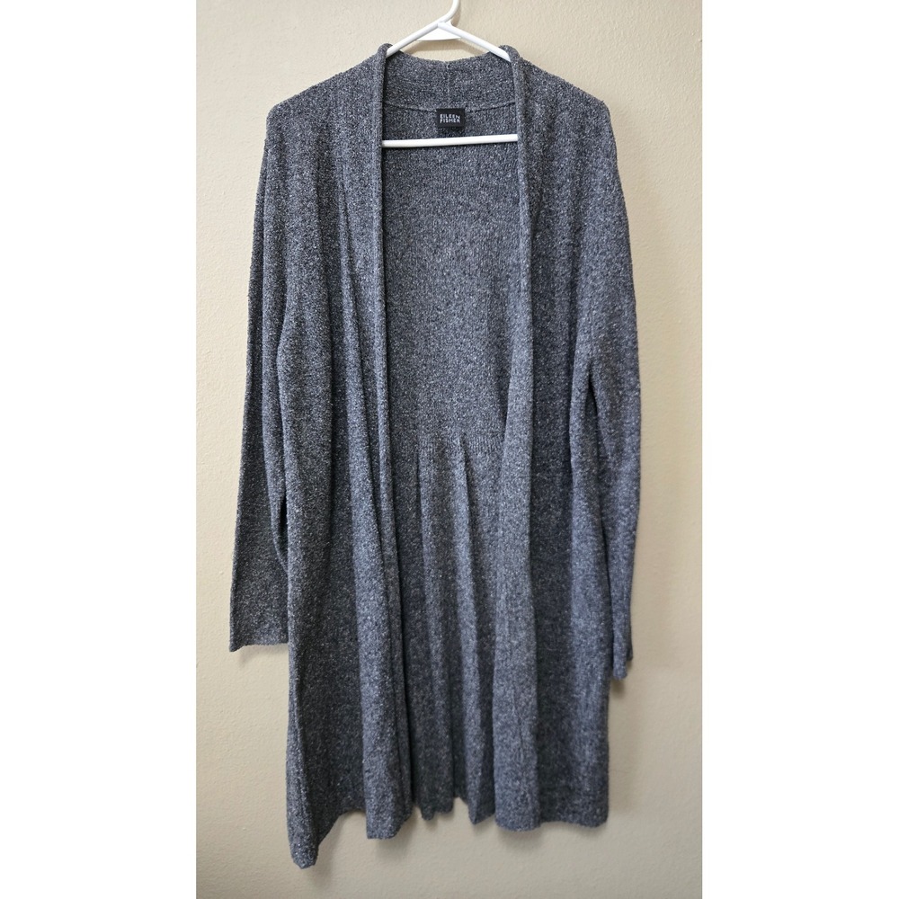 Eileen Fisher Charcoal Grey Marl Open Front Pleated Back Long Cardigan L XL